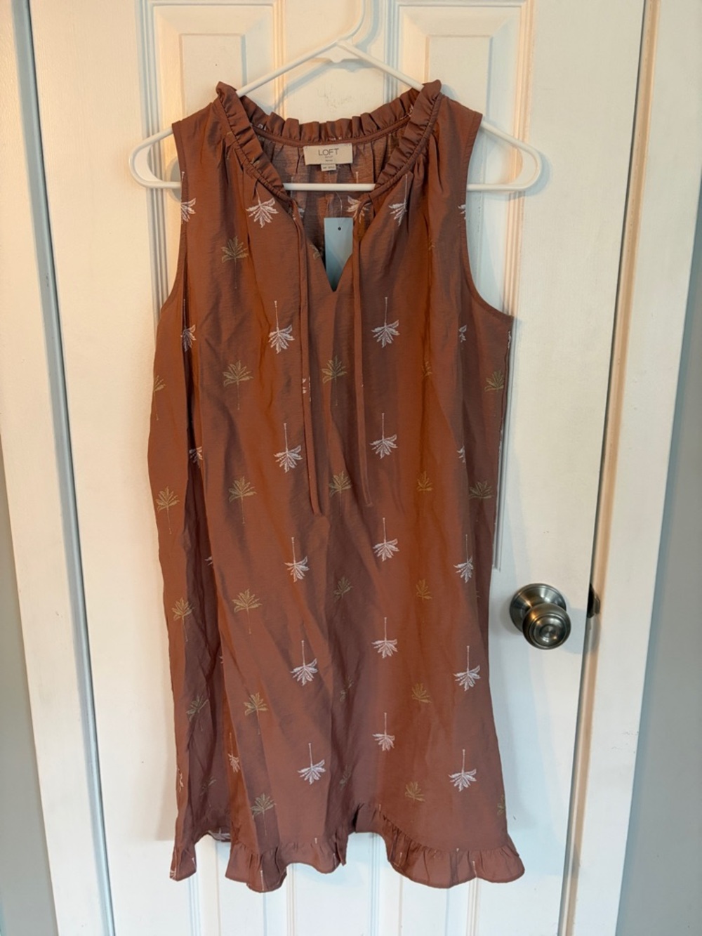 LOFT Rust Brown Sleeveless Ruffle-Hem Embroidered Shift Dress